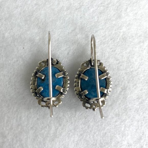 Sterling Silver 925 Oval Blue Denim Lapis Scrollwork Dangle Kidney Wire Earrings - Picture 8 of 16